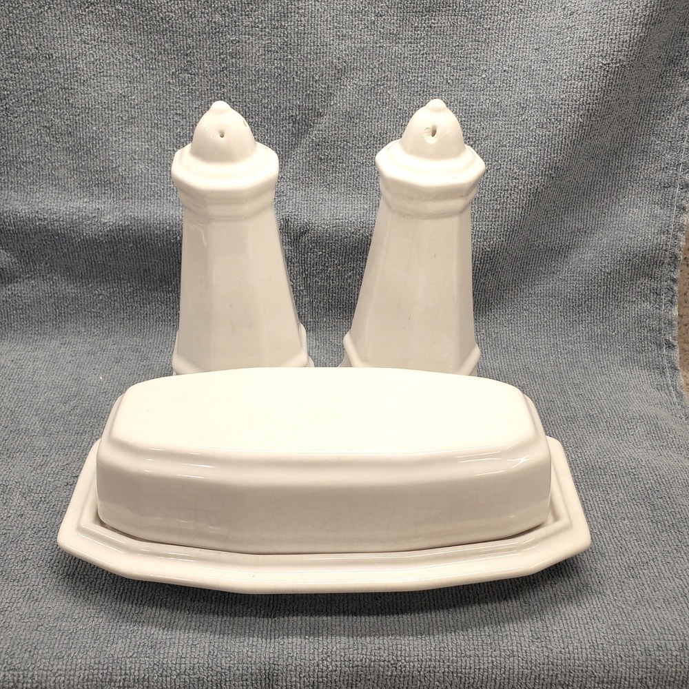 Vintage Pfatzgraff Covered Butter Dish Salt Pepper Shaker Set White Heritage